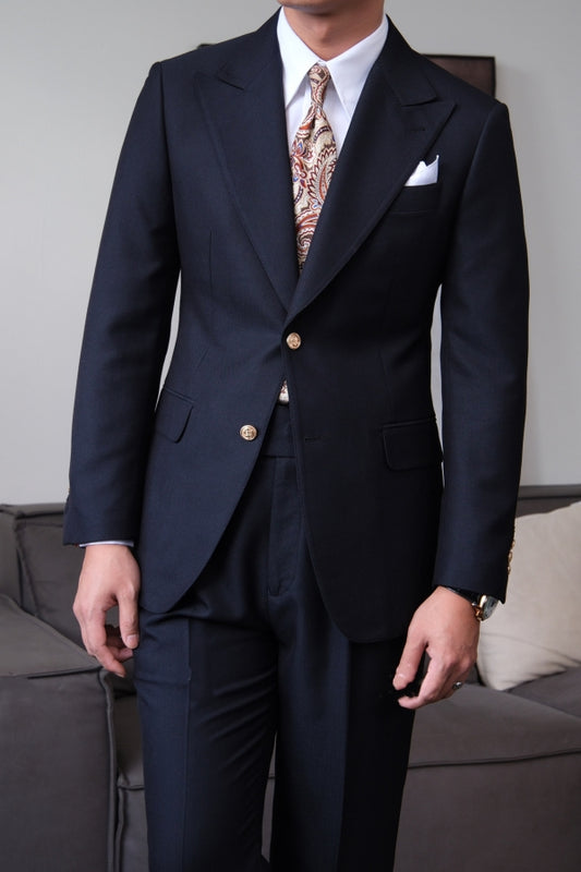 Gentle Navy Peaked Lapel Wool Prom Men Suits