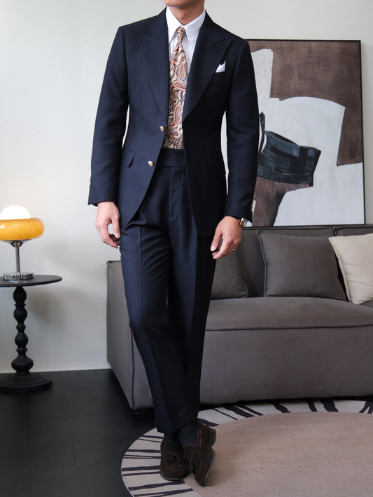 Gentle Navy Peaked Lapel Wool Prom Men Suits