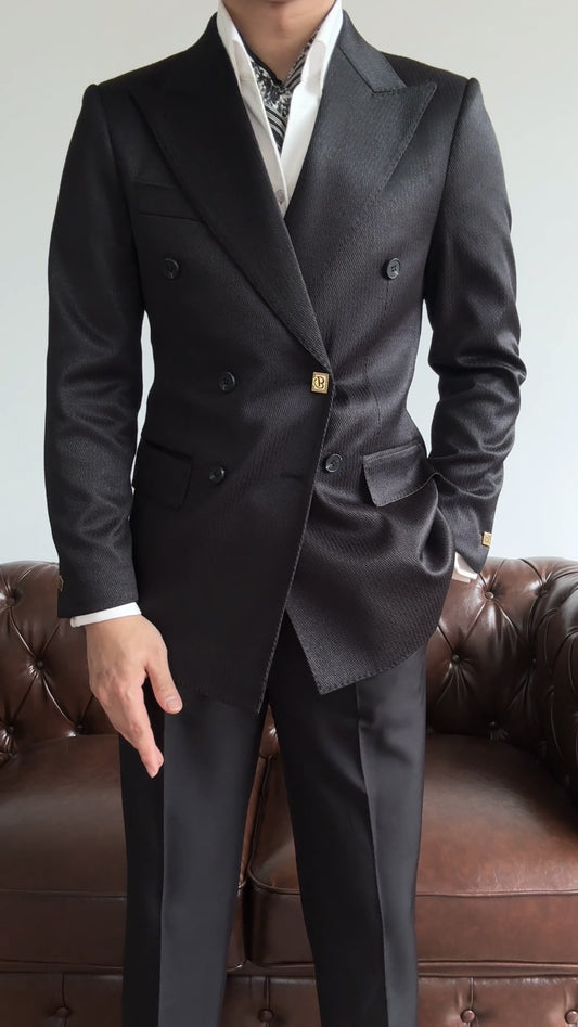 Fashion Dark Gray Striped Peaked Lapel Wool Prom Men Suits
