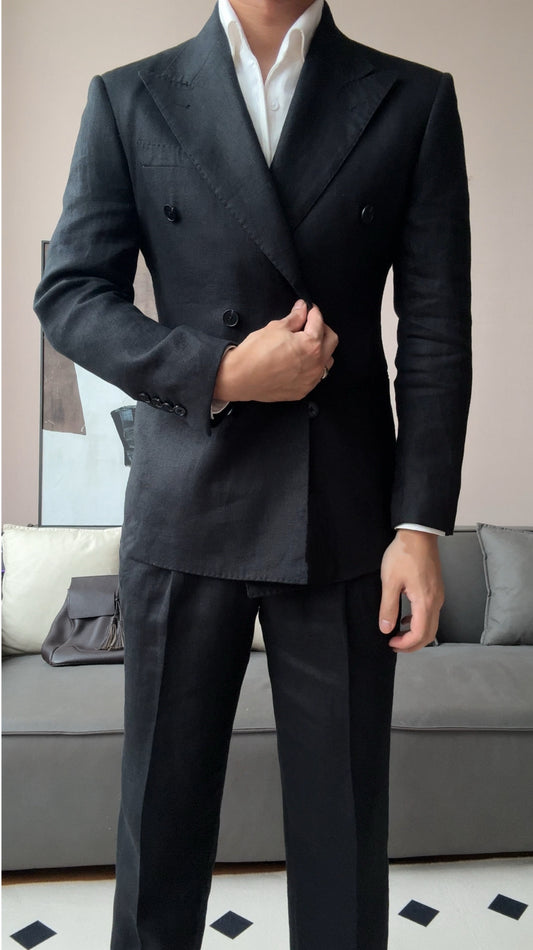 Slim Fit Dark Gray Peaked Lapel Wool Prom Men Suits