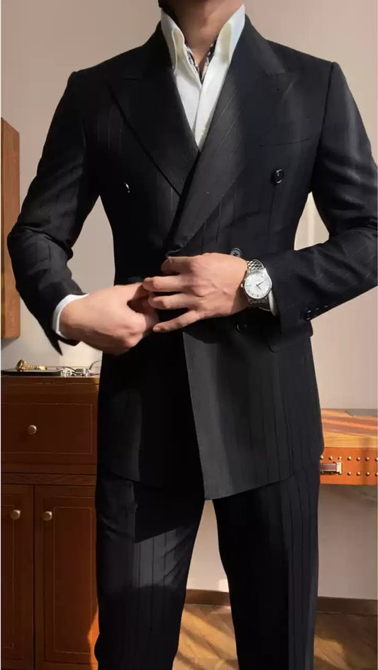 Black Peaked Lapel Striped Double Breasted Wool Prom Men Suits