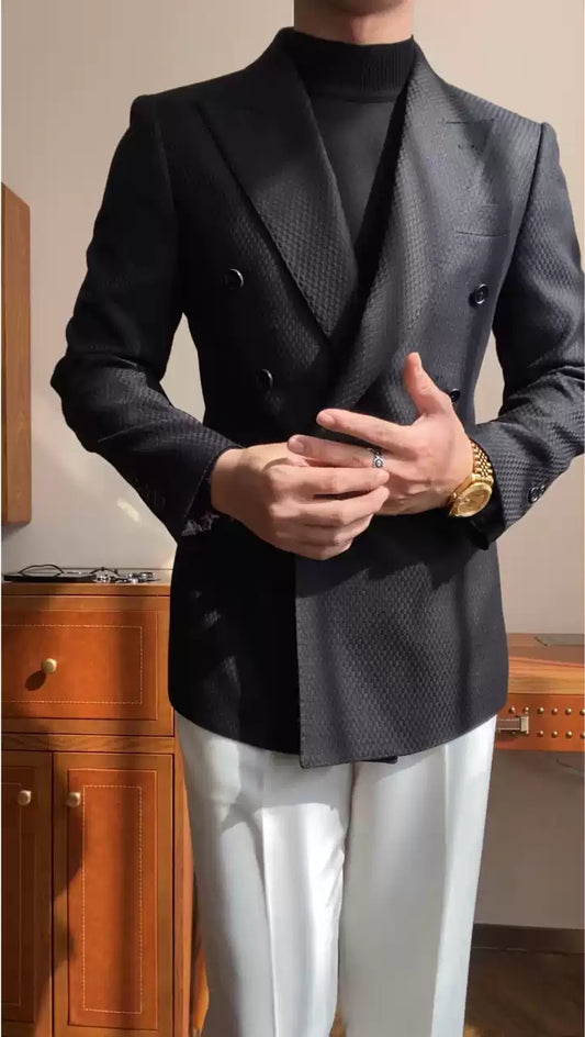 Black Plaid Peaked Lapel Wool Prom Men Suits With White Pants