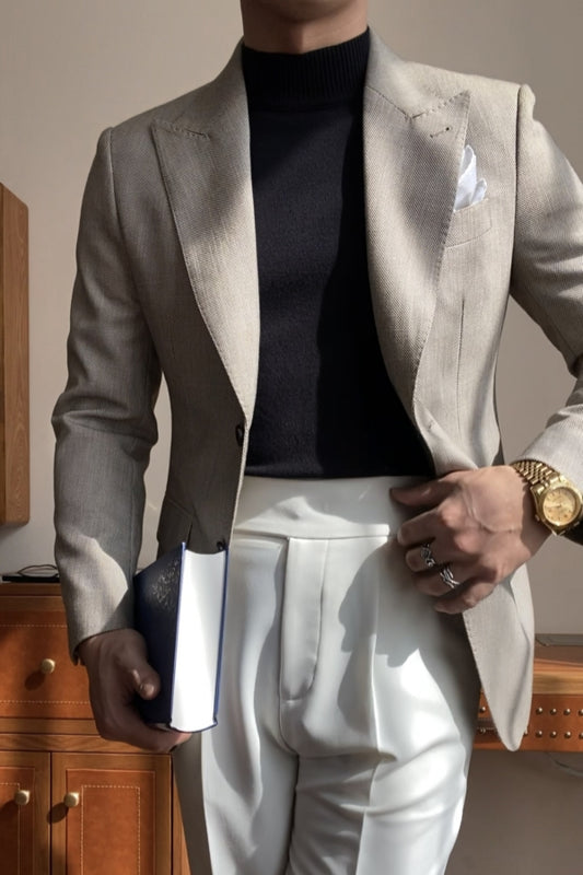 Trendy Gray Peaked Lapel Wool Prom Men Suits