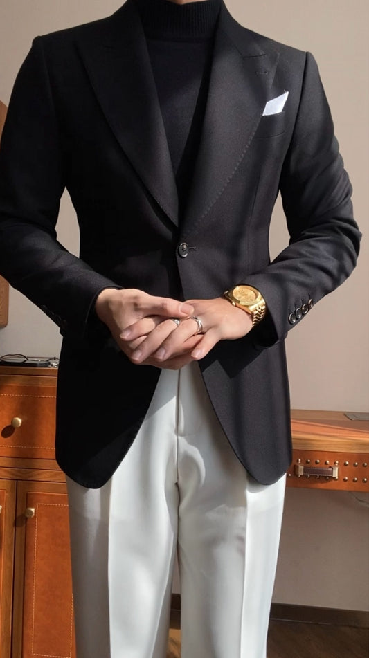 New Arrival Black Peaked Lapel Wool Slim Fit Prom Men Suits