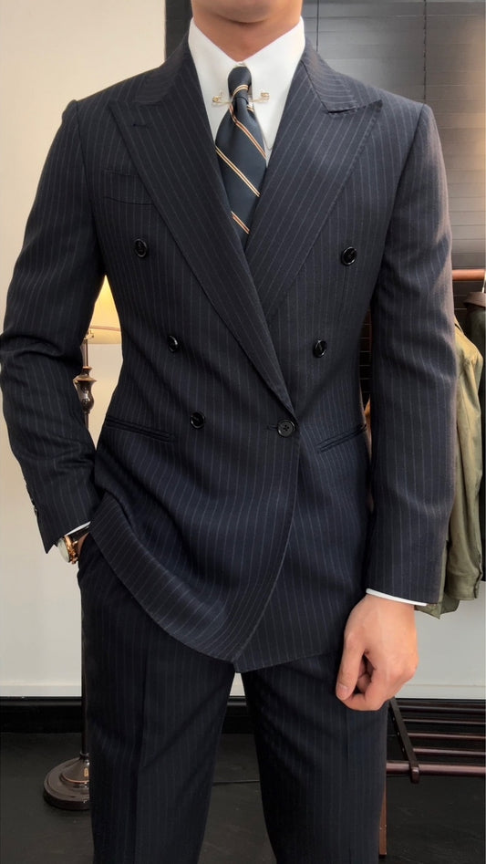 Handsome Dark Blue Striped Peaked Lapel Wool Prom Men Suits