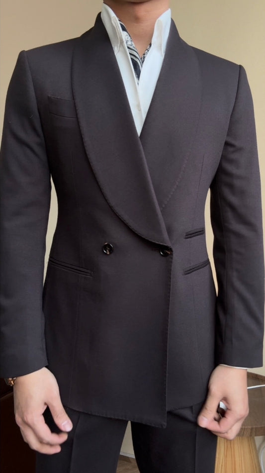 Slim Fit Dark Gray Shawl Lapel Double Breasted Wool Wedding Suits