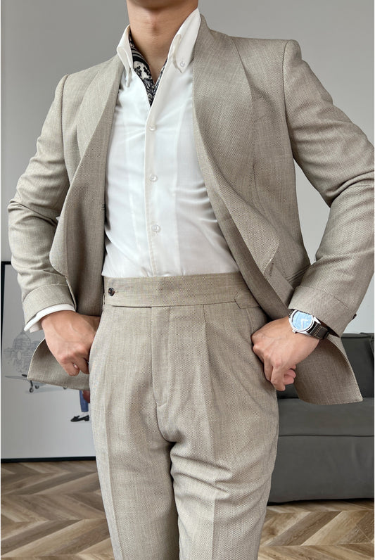 Light Khaki Shawl Lapel Double Breasted Wool Wedding Suits