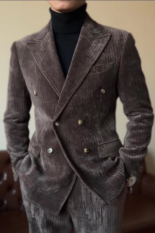 Chic Dark Gray Corduroy Peaked Lapel Double Breasted Prom Suits