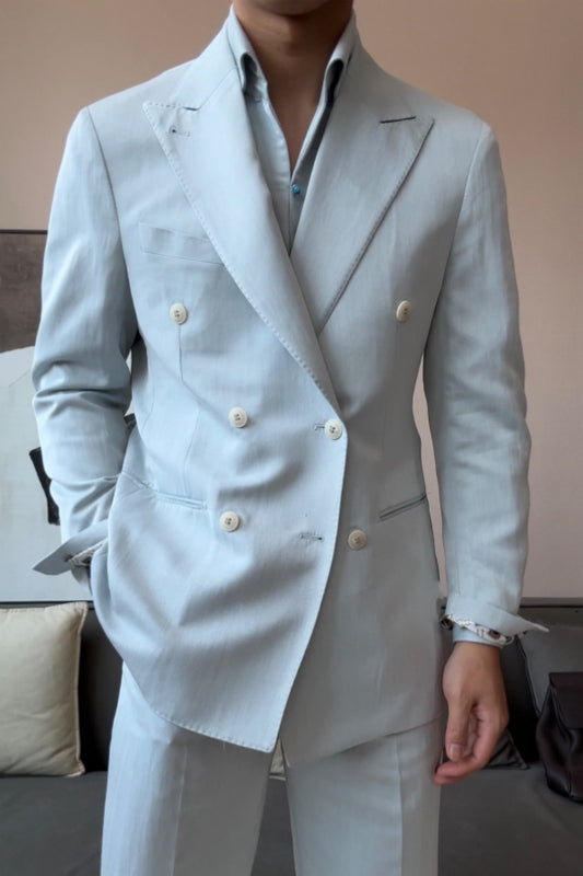 Beautiful Light Blue Peaked Lapel Wool Prom Suits