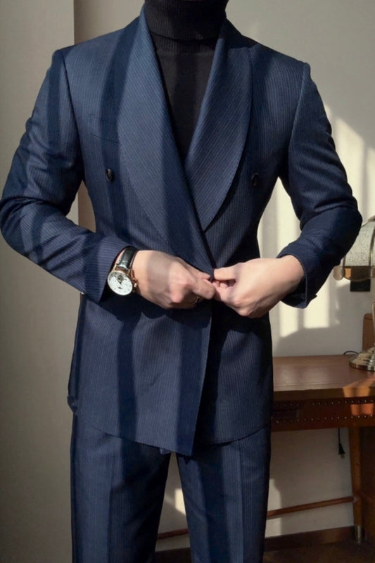 Best Fitted Dark Navy Shawl Lapel Double Breasted Wool Wedding Suits