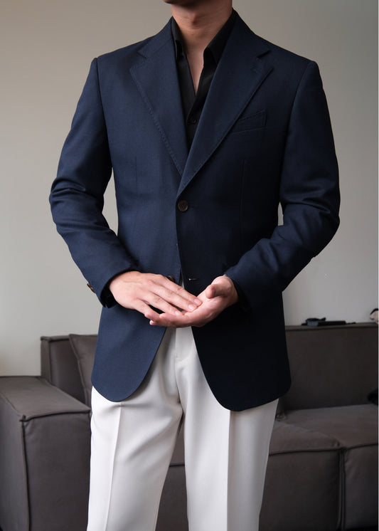 Trendy Dark Blue Notched Lapel Wool Prom Suits