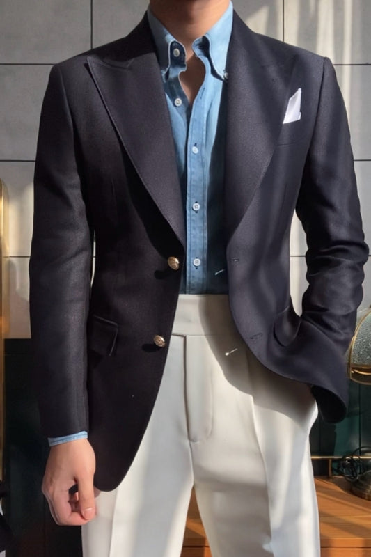 Modern Dark Navy Peaked Lapel Wool Prom Suits