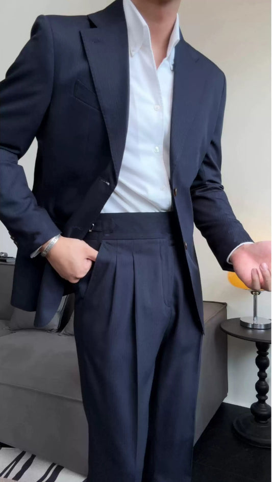 Fancy Dark Navy Notched Lapel Wool Prom Suits