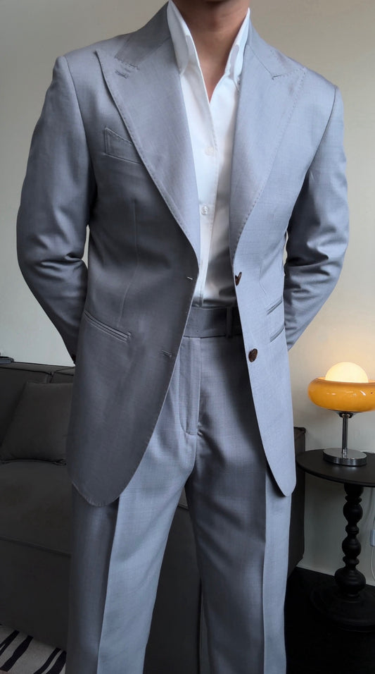 Newest Light Blue Trendy Peaked Lapel Wool Prom Suits