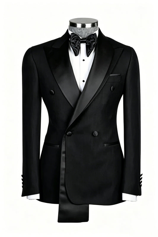 Classic Black Double Breasted Peaked Lapel Wool Prom Suit