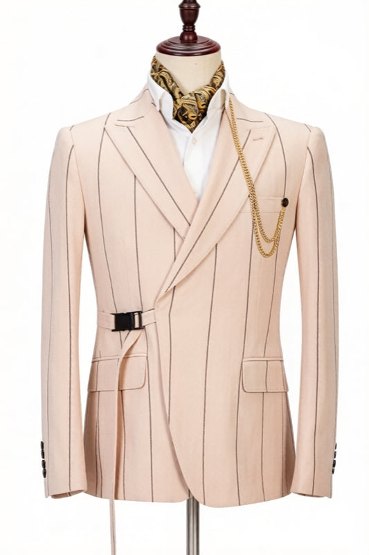 Popular Champagne Striped Peaked Lapel Prom Men Suits