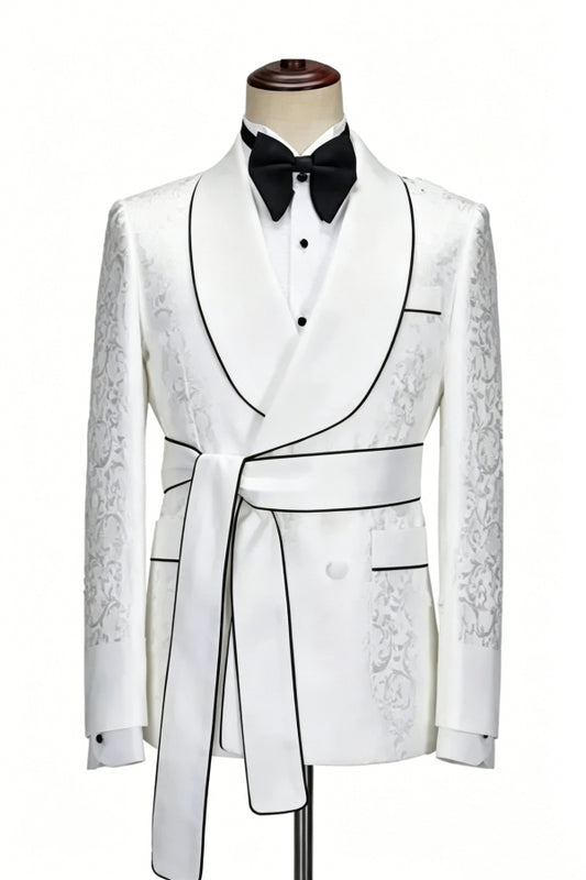 White Jacquard Double Breasted Shawl Lapel Wedding Suits With Belt