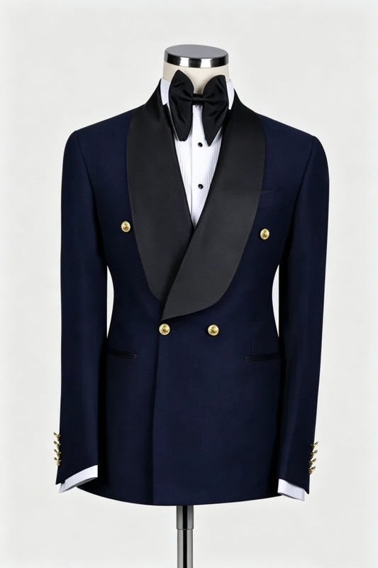 Newest Bespoke Dark Navy Double Breasted Shawl Lapel Wool Wedding Suits