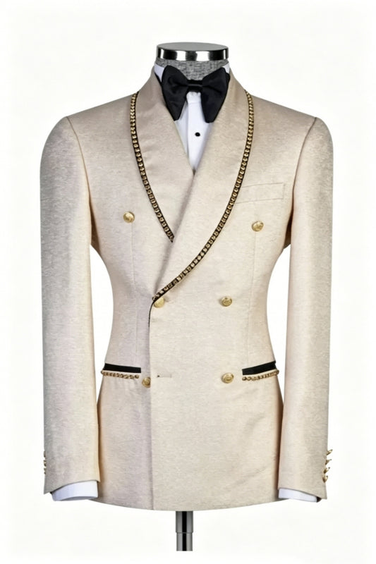 Champagne Double Breasted Shawl Lapel Beadings Wool Wedding Suits