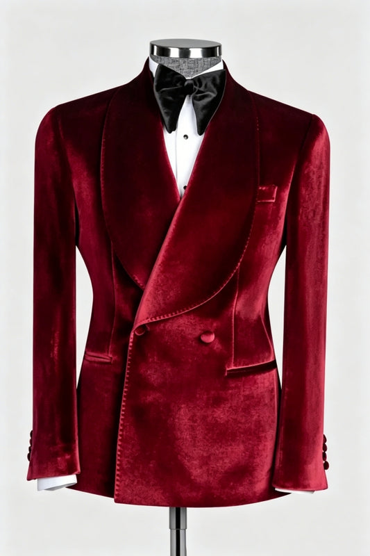 Chic Burgundy Velvet Double Breasted Wide Shawl Lapel Wedding Suits