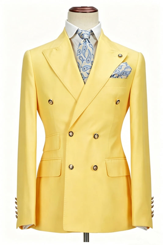 Cool Yellow Peaked Lapel Double Breasted Wool Prom Men Suits