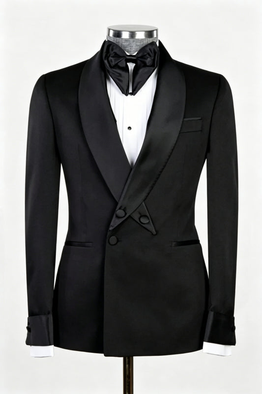 Fashion Black Staggered Shawl Lapel Beadings Wool Wedding Suits