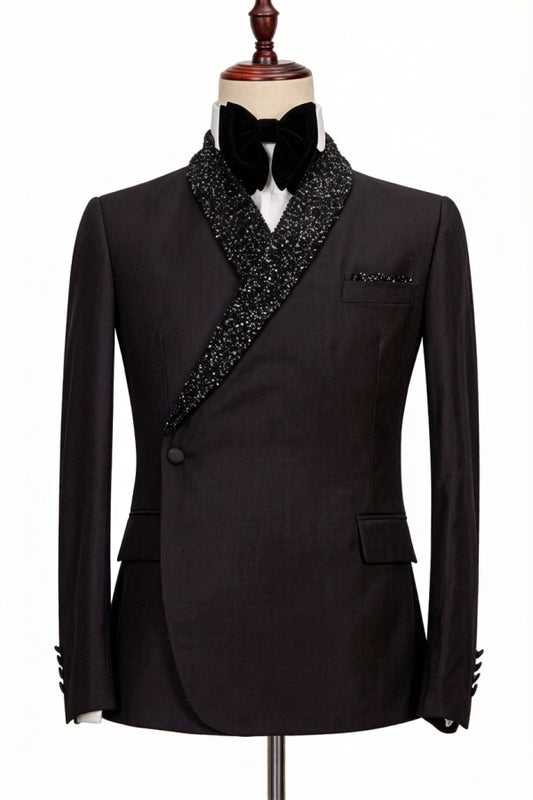 Slim Fit Black Sequins Shawl Lapel Wool Wedding Suits