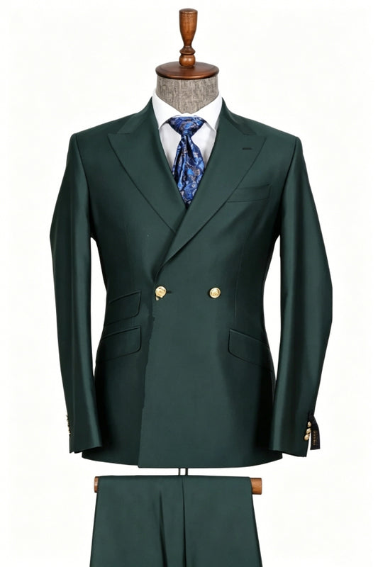 Handsome Green Wool Double Breasted Peaked Lapel Prom Suits