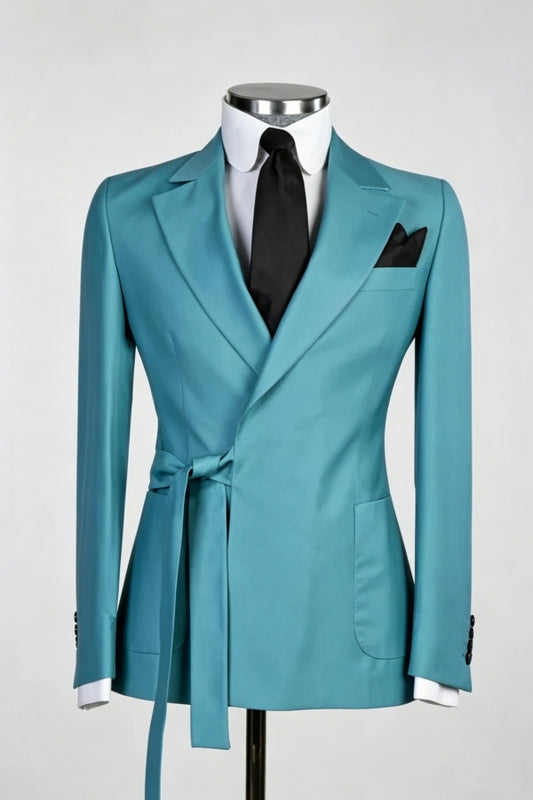 Bespoke Blue Peaked Lapel Fashion Wool Prom Suits With Belt
