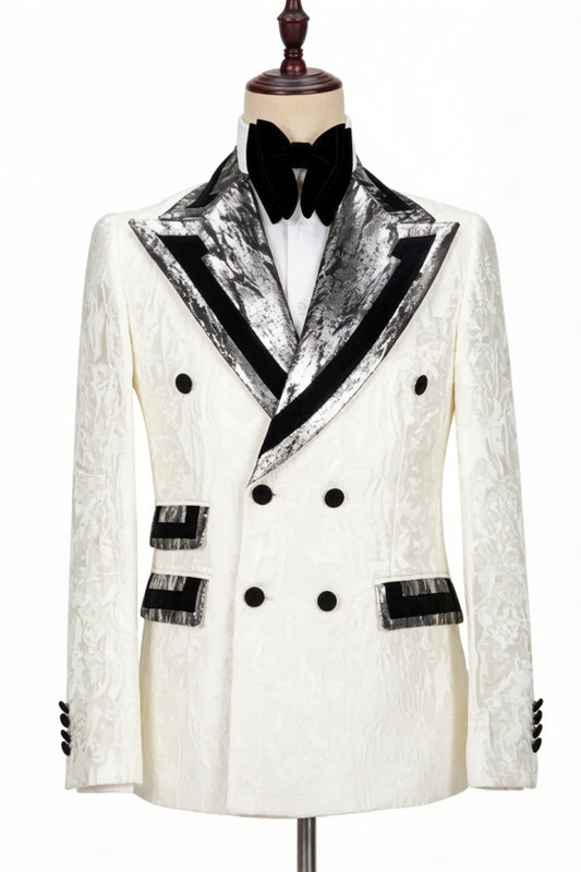 Stylish White Jacquard Peaked Lapel Wedding Suits