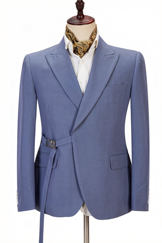Fashion Ocean Blue Peaked Lapel Wool Prom Men Suits