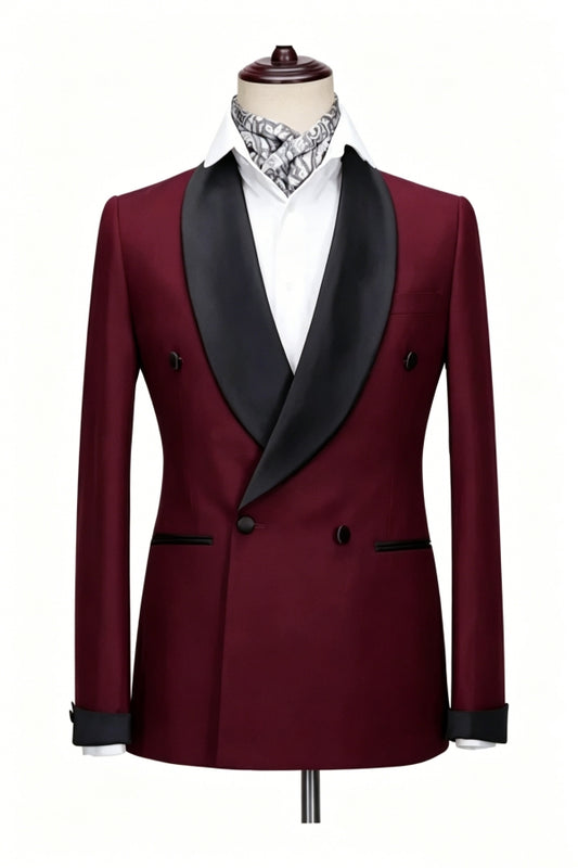 Charming Burgundy Double Breasted Shawl Lapel Wool Wedding Suits