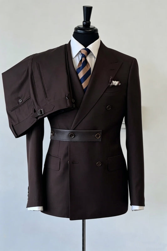 Chic Coffee Brown Double Breasted Peaked Lapel Wool Prom Suits