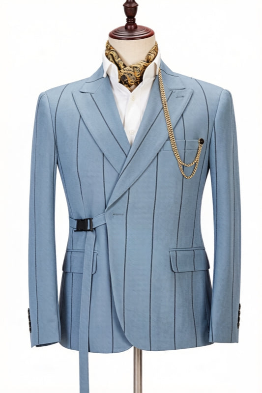 Chic Blue Peaked Lapel Striped Prom Men Suits
