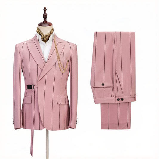 Handsome Pink Striped Peaked Lapel Prom Men Suits