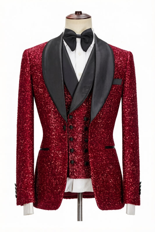 Sparkle Burgundy 3 Pieces Shawl Lapel Wedding Suits