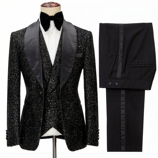 Bespoke Black Sequins 3 Pieces Shawl Lapel Wedding Suits