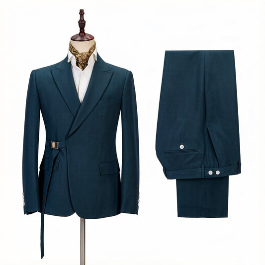 Newest Dark Green Peaked Lapel Wool Prom Men Suits