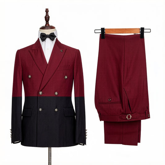 Chic Black And Burgundy Peaked Lapel Prom Men Suits