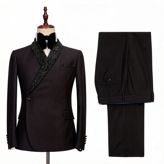 Slim Fit Black Sequins Shawl Lapel Wool Wedding Suits