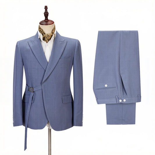 Fashion Ocean Blue Peaked Lapel Wool Prom Men Suits