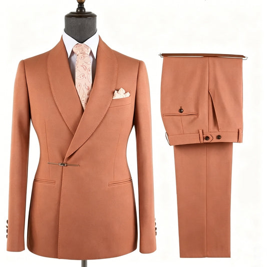Bespoke Caramel Shawl Lapel Wool Wedding Suit With Bolt Buckle