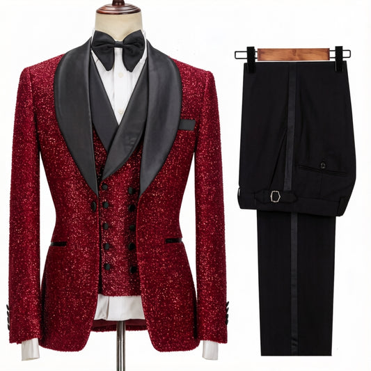 Sparkle Burgundy 3 Pieces Shawl Lapel Wedding Suits