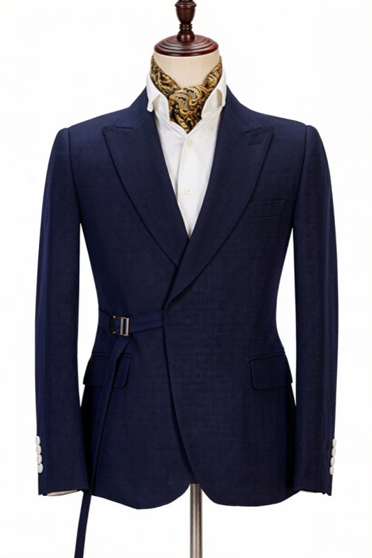 Stylish Dark Blue Peaked Lapel Wool Prom Men Suits