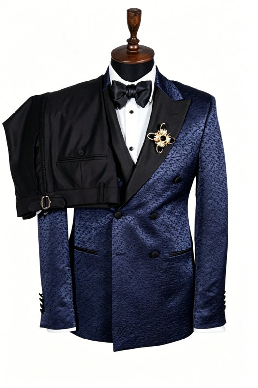 Popular Dark Navy Jacquard Peaked Lapel Double Breasted Prom Men Suits