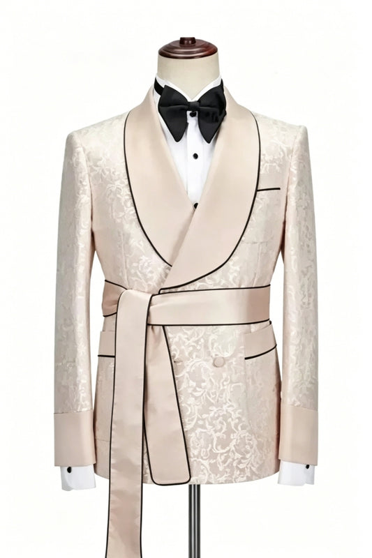 Champagne Jacquard Double Breasted Shawl Lapel Wedding Suits With Belt