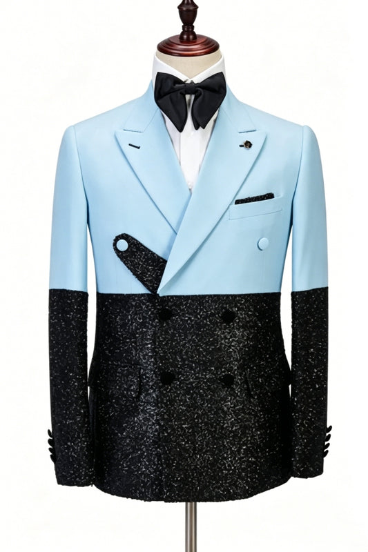 Chic Sky Blue Peaked Lapel Sparkle Black Prom Men Suits