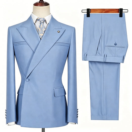 Haze Blue Peaked Lapel One Button Wool Prom Suits