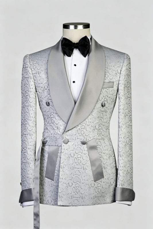 Fancy Silver Gray Jacquard Double Breasted Shawl Lapel Wedding Suits