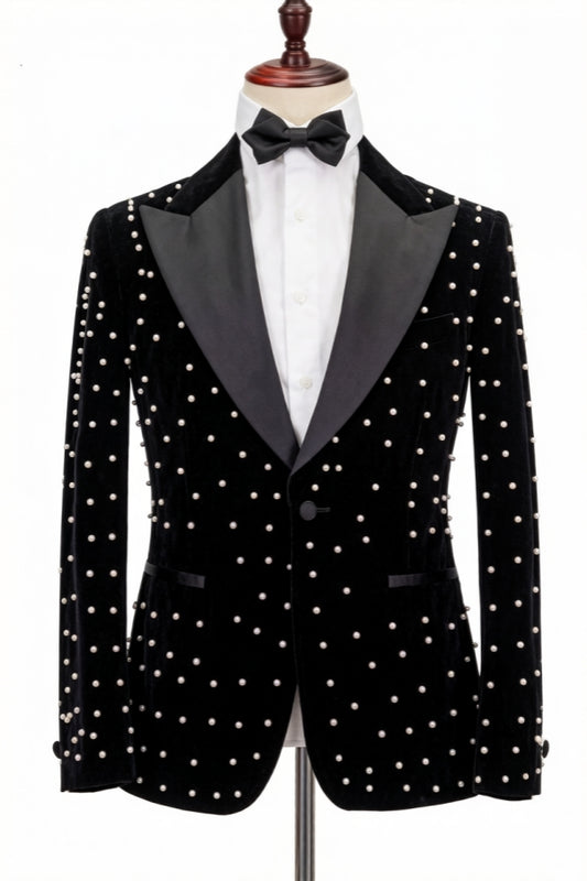 Unique Black Beadings Peaked Lapel Prom Men Suits